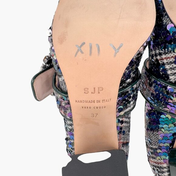 SJP Winnie Crystal Buckle Mary Jane Pumps Size 37 US 6-7 Tartan Sequin Heels - Picture 12 of 12